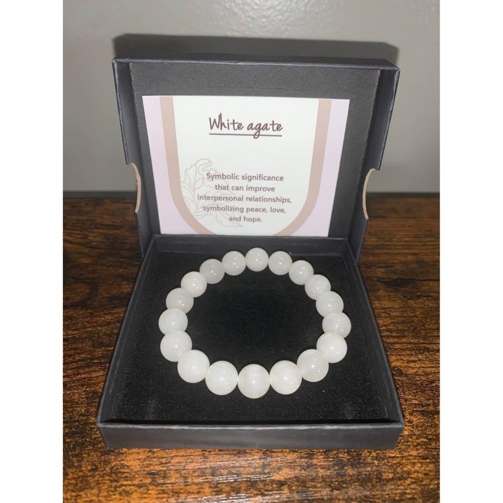 White Agate Beaded Bracelet Natural Stone Stretch Unisex Healing Gift Box